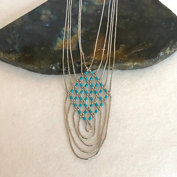 VTG Liquid Sterling Silver 925 Southwest Woven Beaded Heishi Turquoise Necklace - Picture 12 of 16